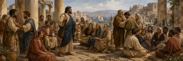 A Paul-like apostle addressing believers as rivals reconcile and mature leaders restore a struggling member